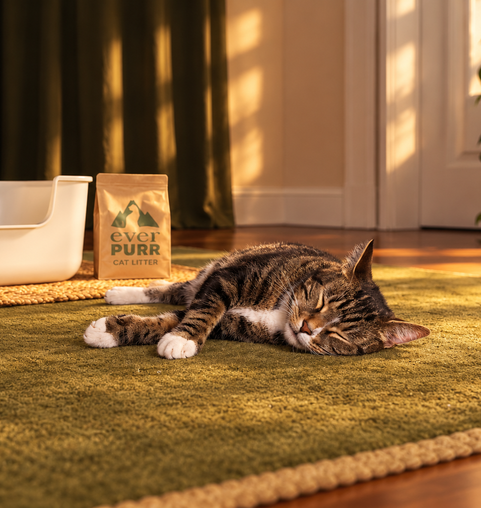 A relaxed cat asleep on a sofa in a calm, sunlit living room