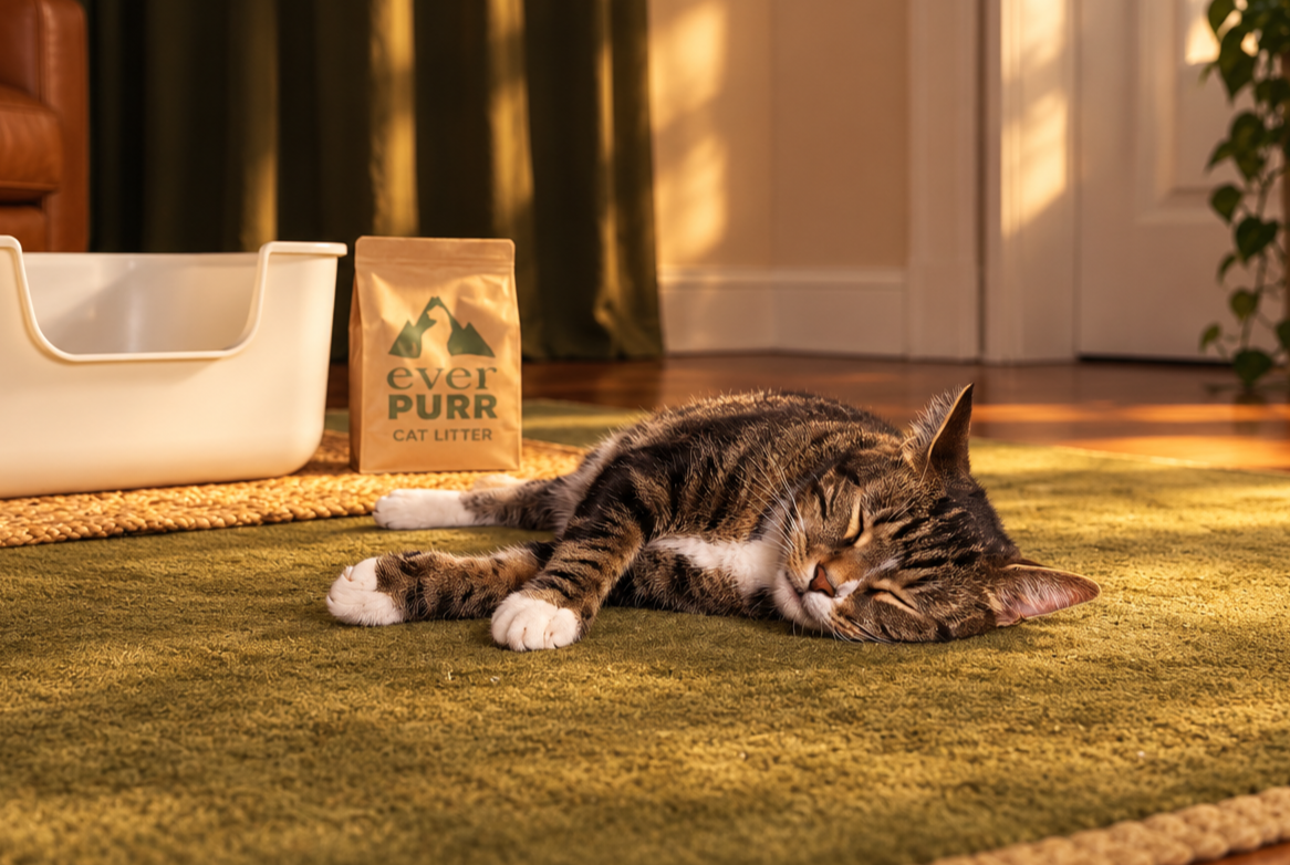 A relaxed cat asleep on a sofa in a calm, sunlit living room